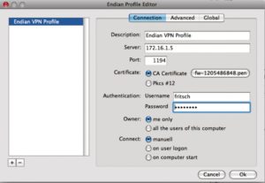 Abbildung 4: Das OpenVPN-GUI von Endian funktioniert auf Linux, Windows und – hier abgebildet – Mac OS X. Ein eigenes Profil ist damit schnell eingerichtet.