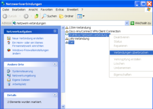 Unter Windows kann der Anwender über das Kontextmenü der Systemsteuerung zwei Netzwerkgeräte koppeln. Dieses Bridging sorgt dafür, dass in diesem Beispiel ein WLAN und der Openvpn-Tunnel vom mobilen Laptop zusammengeschlossen werden und der Laptop Zugriff auf das heimische Lan und den DSL-Zugang bekommt.