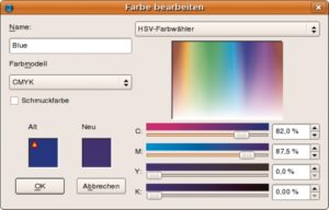 Abbildung 1: Layout-tauglich: Wie die Profi-Programme warnt auch Scribus beim Mischen von Farben, wenn diese außerhalb des druckbaren Bereichs liegen.