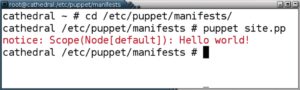 Abbildung 1: Manuell aufgerufen arbeitet Puppet das Standard-Manifest »site.pp« aus Listing 1 ab und meldet sich mit einem Gruß.