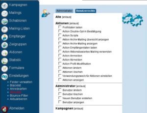 Abbildung 2: Die Open-EMM-Benutzerverwaltung bietet eine lange Liste mit fein justierbaren Rechten. Hier lässt sich detailliert festlegen, auf welche Funktionen ein Benutzer zugreifen darf.
