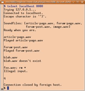 Abbildung 2: Der Testclient Telnet verbindet sich mit dem Empfänger-Server, der auf Kommando eine Sounddatei abspielt.