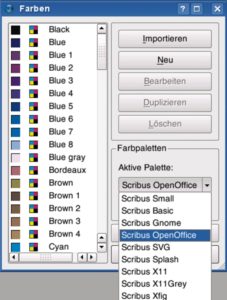 Abbildung 2: Wer nicht jede einzelne Farbe über den Mischer selbst definieren möchte, wählt in Scribus zwischen mehreren fertigen Farbpaletten.