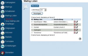 Abbildung 3: Das Open-EMM-Modul für das Mailinglisten-Management kann beliebig viele Listen verwalten.