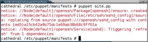 Abbildung 4: Puppet aktiviert den SSH-Server, der in dem Default-Node »site.pp« steht und den die Klasse in »modules/openssh/manifests/init.pp« konfiguriert.