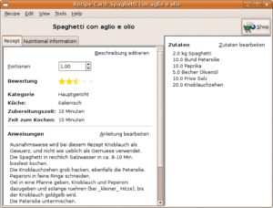 Abbildung 4: Rezepte teilen sich auf in Anleitung, Beschreibung und Zutaten. Auf Wunsch berechnet Gourmet Recipe Manager den Nährwert eines Gerichts auf Basis von Daten des US-Landwirtschaftsministeriums.