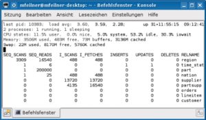 Abbildung 5: Detaillierte Statistiken inklusive Details, etwa der Anzahl sequenzieller Schreib- und Lesezugriffe auf PostgreSQL-Tabellen, zeigt Ptop mit [R].