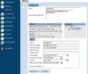 Abbildung 5: In den Einstellungen für jedes Mailing bestimmt der Admin Empfänger, Zeichensatz und vieles mehr. Wer häufig mit Mailings arbeitet, sollte auch die optionale Beschreibung ausfüllen.