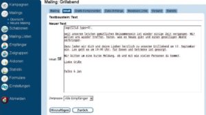 Abbildung 6: Im Modul »Mailings« gibt der Benutzer unter »Neues Mailing« den Text für den Newsletter ein. Die individuelle Anrede funktioniert über Tags wie »[agnTITLE type=3]« in der ersten Zeile.