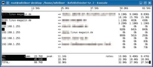 Abbildung 7: Iftop zeigt den Prozess zur Verbindung und zerlegt so den Netzwerktraffic übersichtlich in einzelne Balkendiagramme. Am oberen und unteren Bildschirmrand steht die Zusammenfassung.