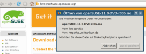 Mirrorbrain bei der Arbeit: Die Download-Seite liegt bei Opensuse, doch die heruntergeladene Datei kommt von einem Mirror-Server.