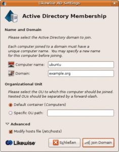 Abbildung 3: Auch das GUI von Likewise Open erwartet den DNS-Namen der Domäne und den Rechnernamen. Die Credentials des Windows-Administrators fragt es erst nach »Join Domain« ab.