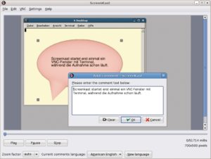 Abbildung 4: Screenkast zeichnet nicht den ganzen Desktop auf, sondern lediglich ein dafür gestartetes VNC-Client-Fenster. Als Ausgleich für diese Einschränkung bietet die Software Textboxen zur Kommentierung des Videos.