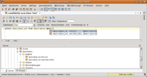 Abbildung 1: Das Hauptfenster des SQL-Editors. Die Auto-Completion schlägt infrage kommende Spaltennamen für die begonnene Where-Klausel vor.