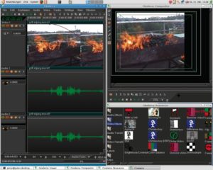 Abbildung 4: Animierte Projektoren: Die roten, grünen und blauen Kurven im markierten Videotrack steuern Bewegung und Skalierung der Projektion des Movietrack auf den virtuellen Schirm.