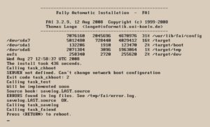 Abbildung 3: Am Ende der Installation zeigt FAI auf dem Client eine Zusammenfassung der Installation an. Ein Druck auf [Return] startet das vollständig eingerichtete Debian-System neu.