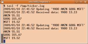 Abbildung 3: In der Datei »/tmp/ticker.log« protokolliert das Perl-Applet mit, woran es gerade arbeitet.