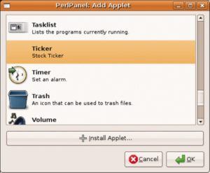 Abbildung 5: Das neu geschriebene Perl-Applet Ticker steht zur Auswahl bereit und lässt sich per Mausklick zum Panel hinzufügen.