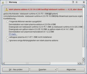Abbildung 2: Egal ob Debian, Ubuntu oder Open Suse: Jedes Linuxsystem warnt den Benutzer, wenn er Software installieren will, deren Abhängigkeiten Probleme verursachen.