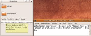 Abbildung 4: Link zwischen Konsole und grafischer Umgebung: Per Pipe gelangt Text in das Dragbox-Fenster. Von dort lässt er sich per Drag & Drop in grafische Anwendungen einfügen.