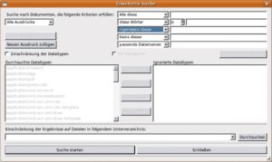Abbildung 6: Recolls Stärke im Vergleich mit Beagle ist der erweiterte Suchanfrage-Dialog, in dem logisch verknüpfte Anfragen ohne Kenntnis einer Query-Language entstehen.