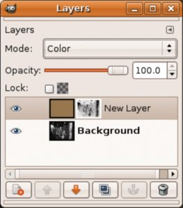 Abbildung 8: Das Skript fügt in Gimp einen neuen Layer ein, dessen Bildinhalt – eine Sepia-farbene Fläche – sowie dessen Layer-Maske.