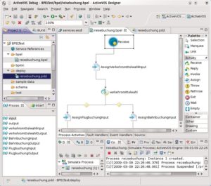 Abbildung 1: Statt XML per Hand zu verarbeiten, erlaubt es der BPEL-Designer, Prozesse per Drag&Drop zu modellieren. Aufgrund des hohen Abstraktionsgrads der Schnittstellendefinitionen ist er unentbehrlich.