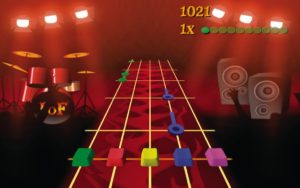 Abbildung 1: Frets on Fire greift das Konzept der 2D-Shooter auf. Statt feindlicher Raumschiffe geht es hier jedoch darum, die richtige Note auf der Luftgitarre zu treffen.