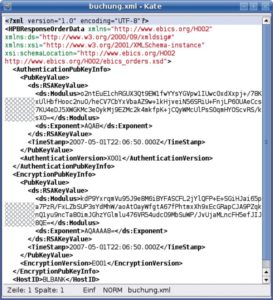 Abbildung 4: Die einzelnen Ebics-Nachrichten sind XML-Dokumente, hier der öffentliche Schlüssel einer Testbank.
