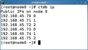 Abbildung 4: Mit »ctdb ip« informiert sich der Admin, wie sich die öffentlichen IP-Adressen auf die Knoten verteilen.