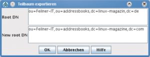 Abbildung 4: Ein Teilbaum des LDAP-Verzeichnisses mit einem Adressbuch soll als Ldif-Datei exportiert werden. Für den späteren Import in einen anderen Server braucht es einen neuen Root-DN.