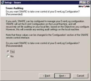 Abbildung 1: Das GPL-Tool Snare bringt Windows-Systeme dazu, einem Linux-Loghost über die eigenen Fehler und Warnungen Auskunft zu geben. Das Werkzeug verlangt aber nach der vollen Kontrolle über die Windows-Eventlogs.