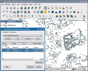 Abbildung 2: Qgis kann Postgis-Ebenen mit Kunden- und Adressendaten laden und bietet ein GUI für den Import aus der Datenbank.