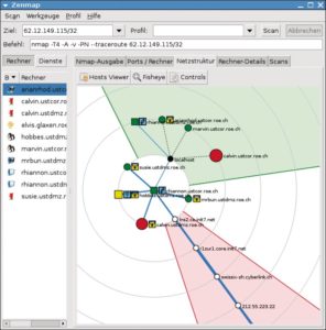 Abbildung 4: Zenmap stellt die entdeckte Netztopologie grafisch dar. Dazu müssen Anwender aber Topologiedaten mittels »--traceroute« erheben.