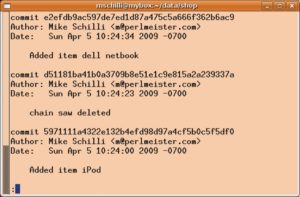 Abbildung 5: Das Kommando »git log« im Verzeichnis »~/data/shop« zeigt die letzten Transaktionen im lokalen Repository.