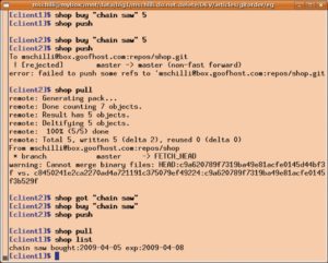 Abbildung 6: Zwei Clients &ndash; Client 1 und Client 2 &ndash; geben unabhängig voneinander das gleiche Produkt ein. Der zentrale Server meldet daraufhin einen Konflikt.