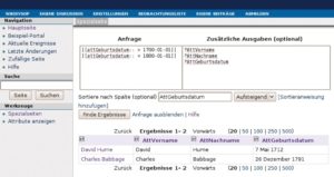 Abbildung 2: Eine semantische Suche mit Ergebnissen, Bedingungen und anzuzeigenden Attributen.