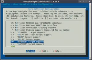 Abbildung 1: Optionen in der Kernelkonfiguration (»make menuconfig«) unter dem Punkt »Core Netfilter Configuration« aktivieren NFQueue im Kernel.