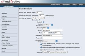 Abbildung 1: Konfiguration der IMAP-Credentials des auf dem Exchange Server angelegten Journaling-Accounts im Open-Source-Programm Mail Archiva.