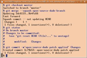 Abbildung 12: Übernahme des Patch in den lokalen Workspace des Master-Branch und anschließender Commit.