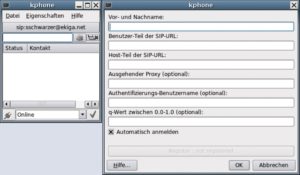 Abbildung 2: Kphone nach dem Start: Einige Felder im Einrichtungsdialog der SIP-Konten, zum Beispiel der »q-Wert«, sind eher verwirrend als nützlich. Dafür besticht das Hauptfenster des Clients durch eine schlichte Oberfläche, in der sich Anwender schnell zurechtfinden.