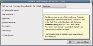 Abbildung 5: Beim ersten Start fordert Twinkle zur Konfiguration eines SIP-Kontos auf. Steht der Mauszeiger in einem der Textfelder, liefert [Umschalt]+[F1] einen ausführlichen Hilfetext.
