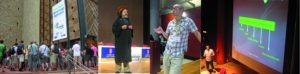Abbildung 1: Von links nach rechts: Das Alfredo-Kraus-Auditorium hat viel Stil &ndash; aber ein schwaches Netzwerk. Richard Stallman trat als Heiliger IGNUcius auf, Will Stephenson von Akonadi warb dafür, den PIM-Datendienst in viele Anwendungen zu integrieren. Seif Lotfy stellte Gnome Zeitgeist vor.