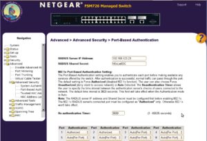 Abbildung 2: Viele Switches bringen ein Webfrontend zum Konfigurieren mit. Der Netgear FSM726 Managed Switch hat 24 Ports, die sich einzeln für den IEEE-802.1X-Betrieb »Auto« konfigurieren lassen.