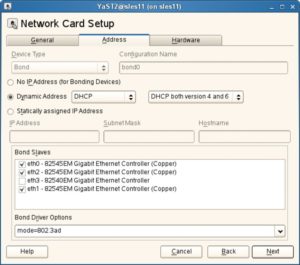 Abbildung 2: Suses Konfigurationswerkzeug Yast beherrscht auch Bonding. Die Einstellungen landen in Skripten unter »/etc/sysconfig/network/«.