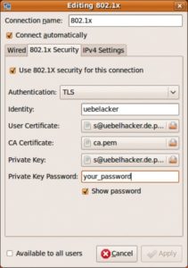 Abbildung 3: Der Network-Manager unter Ubuntu kennt bereits EAP-TLS und konfiguriert es grafisch.