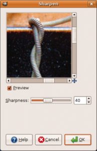 Abbildung 3: Aufruf des Gimp-Filters »Sharpen« mit dem Wert 40.
