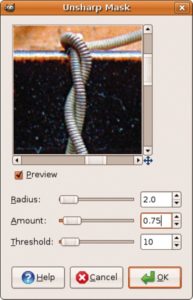 Abbildung 4: Aufruf des Unscharf-Maskieren-Filters von Gimp.