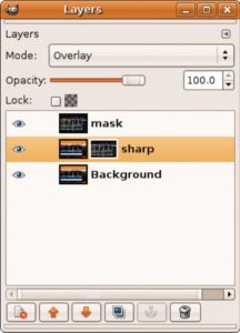 Abbildung 5: Die vom Skript erzeugten Layer vor dem Aufräumen, von oben nach unten: der temporäre Mask-Layer, der geschärfte Layer mit applizierter Maske, der Original-Layer.