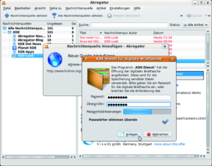 Abbildung 2: Die Zusammenarbeit von Akregator mit anderen KDE-Programmen ist vorbildlich: Der Reader integriert sich nicht nur in die KDE-PIM-Suite Kontact, sondern kooperiert auch mit Kwallet.